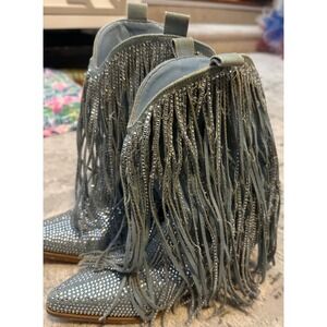 Quepiano Rhinestone Fringe Cowboy Boots Women's Light Blue Western Style Size 6